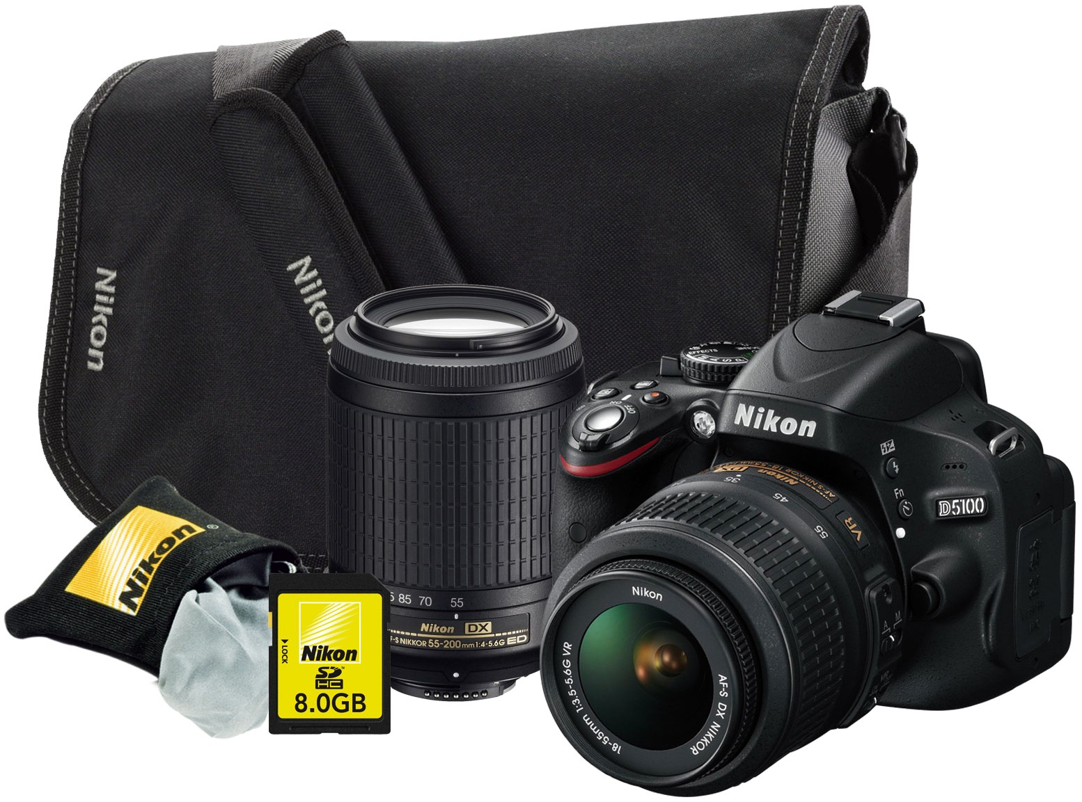 Nikon D5100 m/18-55mm + 55-200m VR objektiver, 8GB