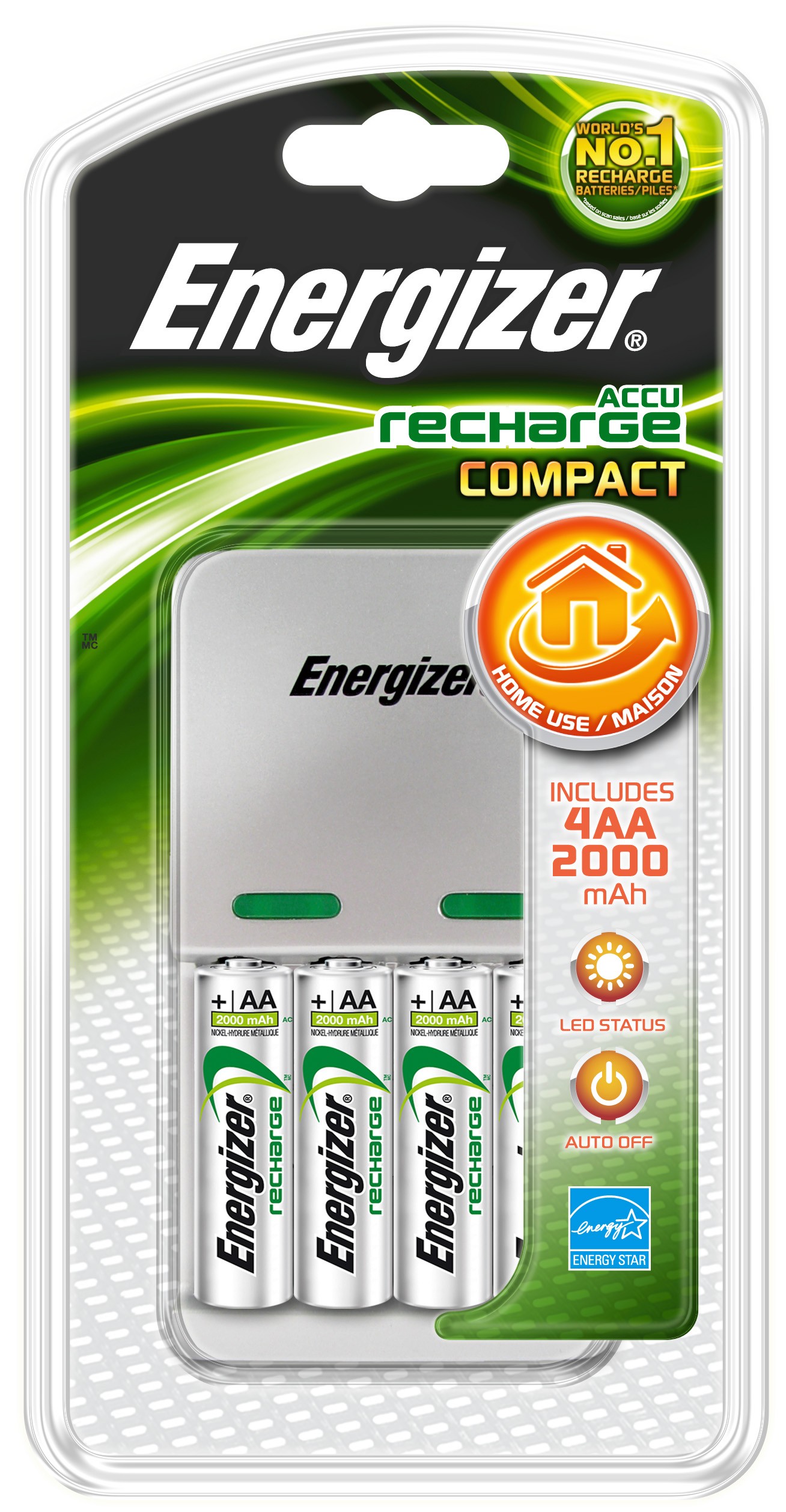 Energizer Maxi 2000 lader med 4x AA-batterier