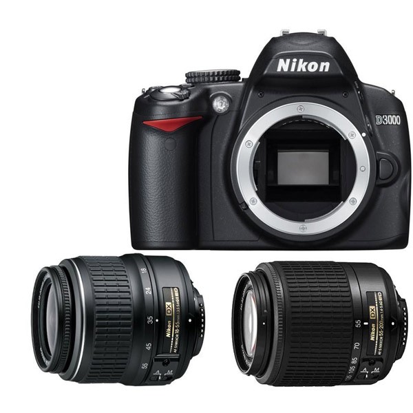 Nikon D3000 + objektivy Nikkor 18-55 II + 55-200 VR - zrcadlovka