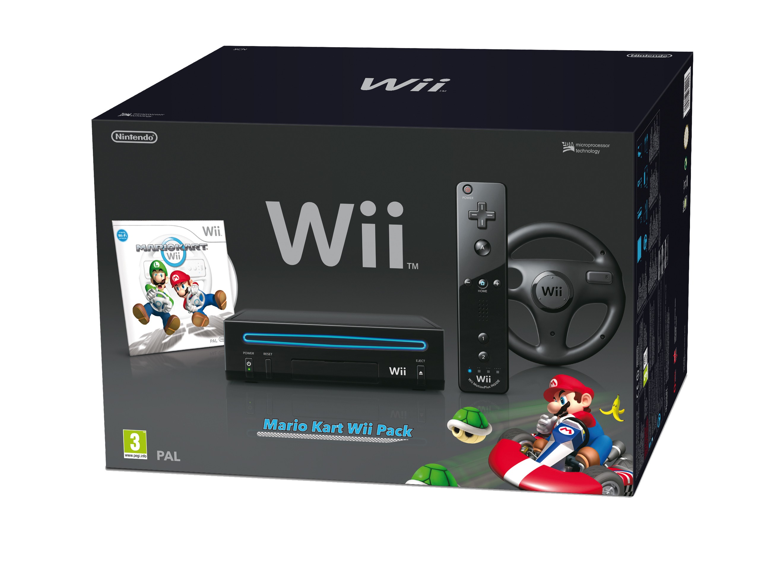 Wii Spelkonsol (Svart) + Mario Kart & Ratt