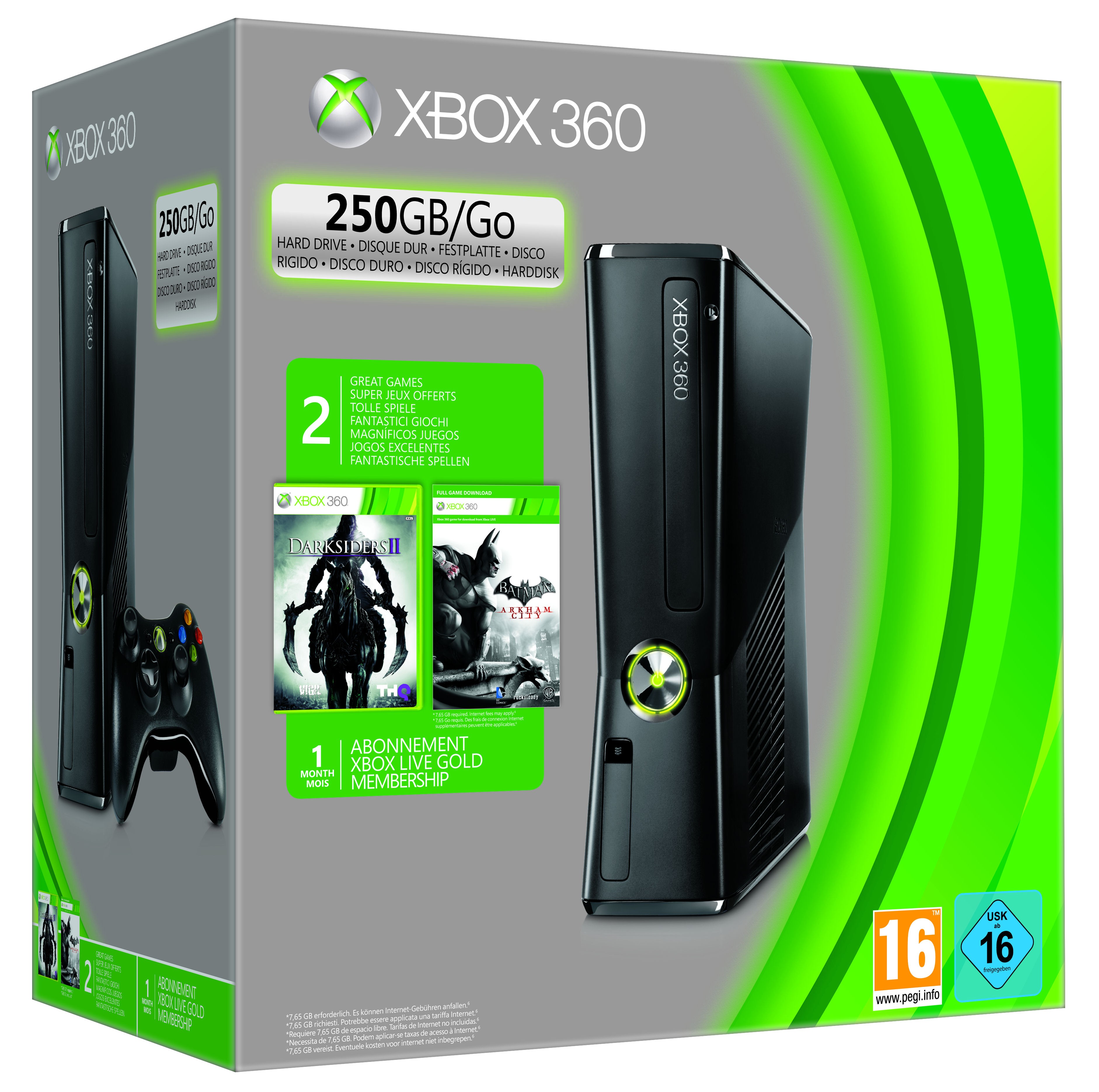 Xbox 360 250GB pelikonsoli + Batman & Darksiders 2