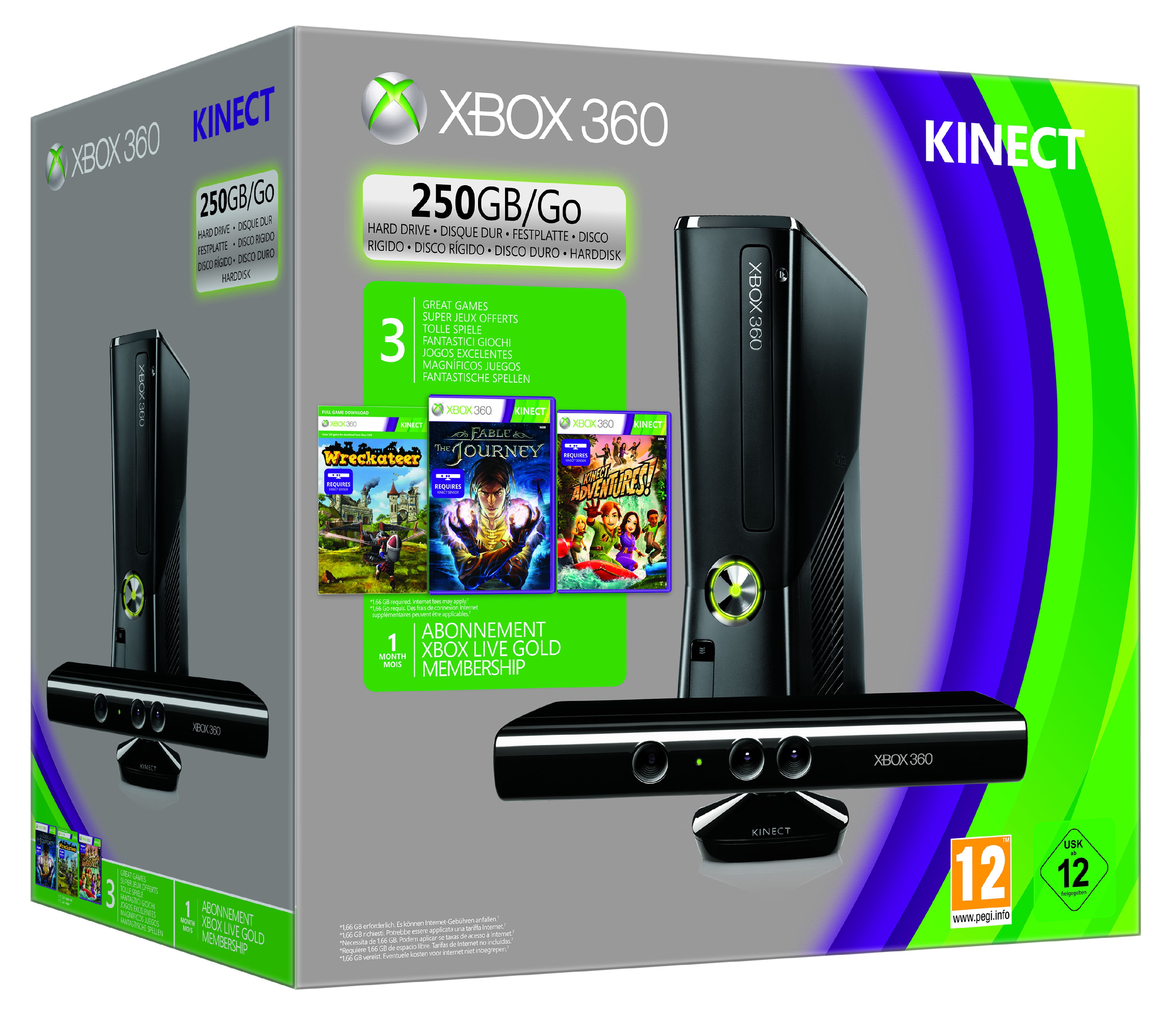 Xbox 360 Konsol 250 GB + Kinect + 3 spel