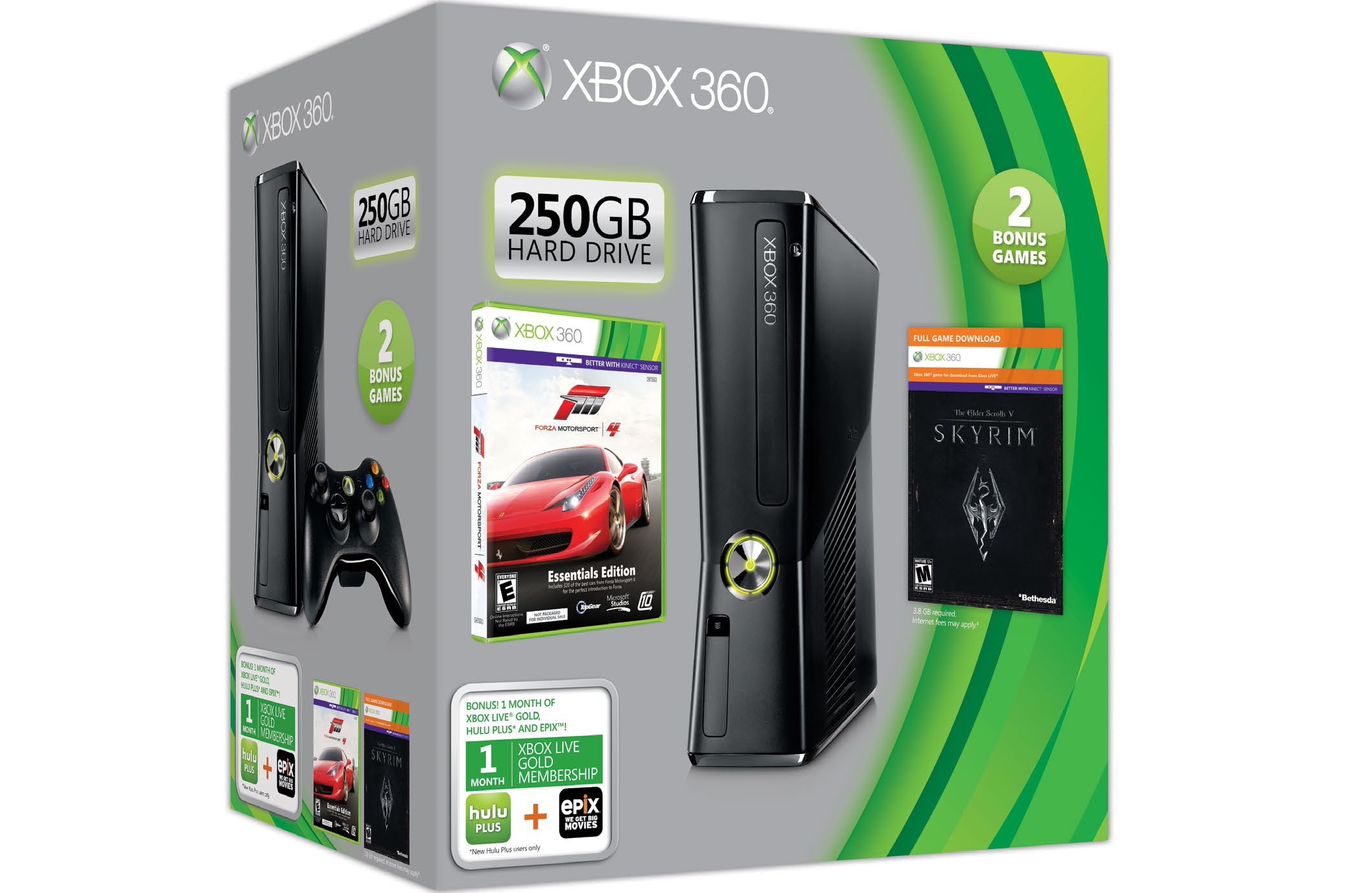 Xbox 360, 250 GB + Skyrim og Forza 4 Essential Edition