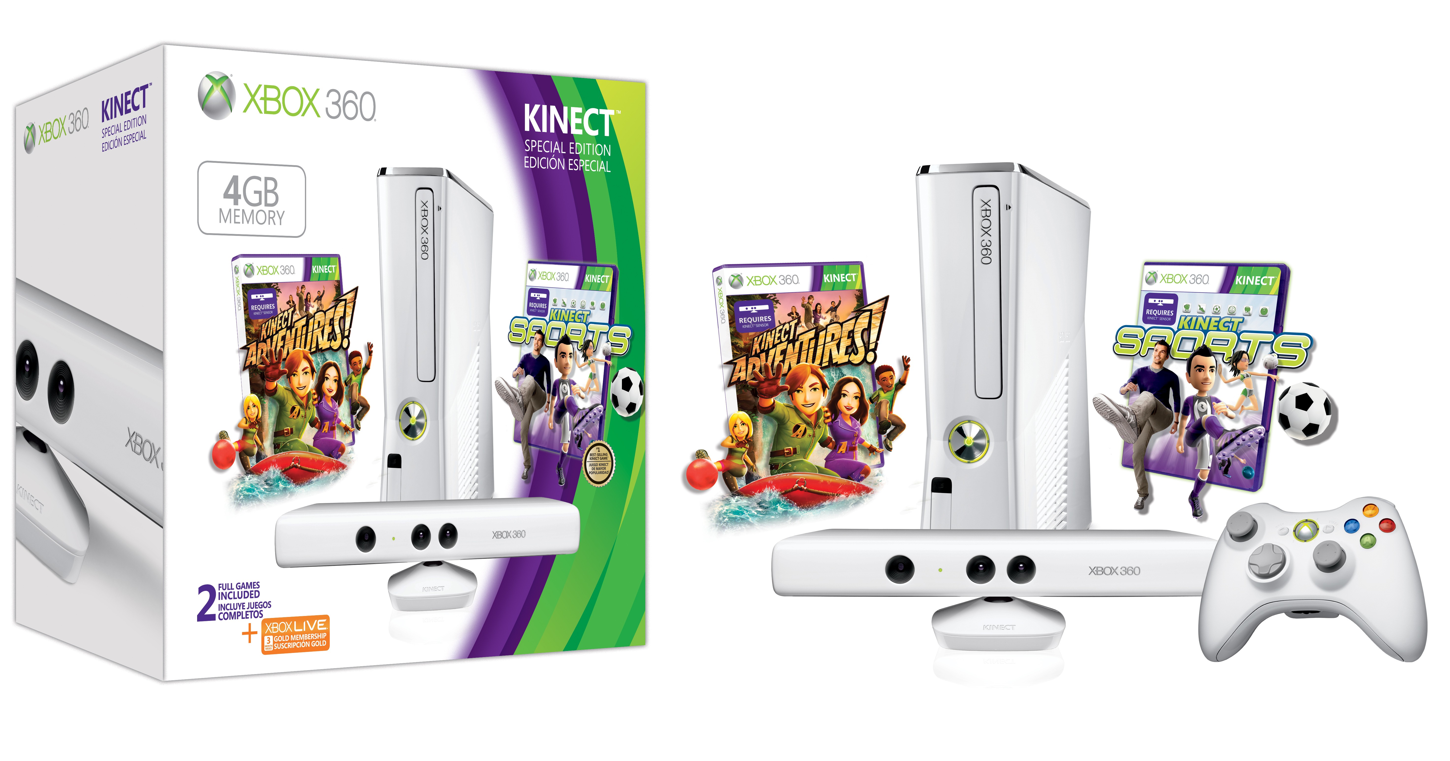 Microsoft Xbox 360 4GB biely + senzor Kinect + hry Kinect Sports 2 a Adventures - herná konzola
